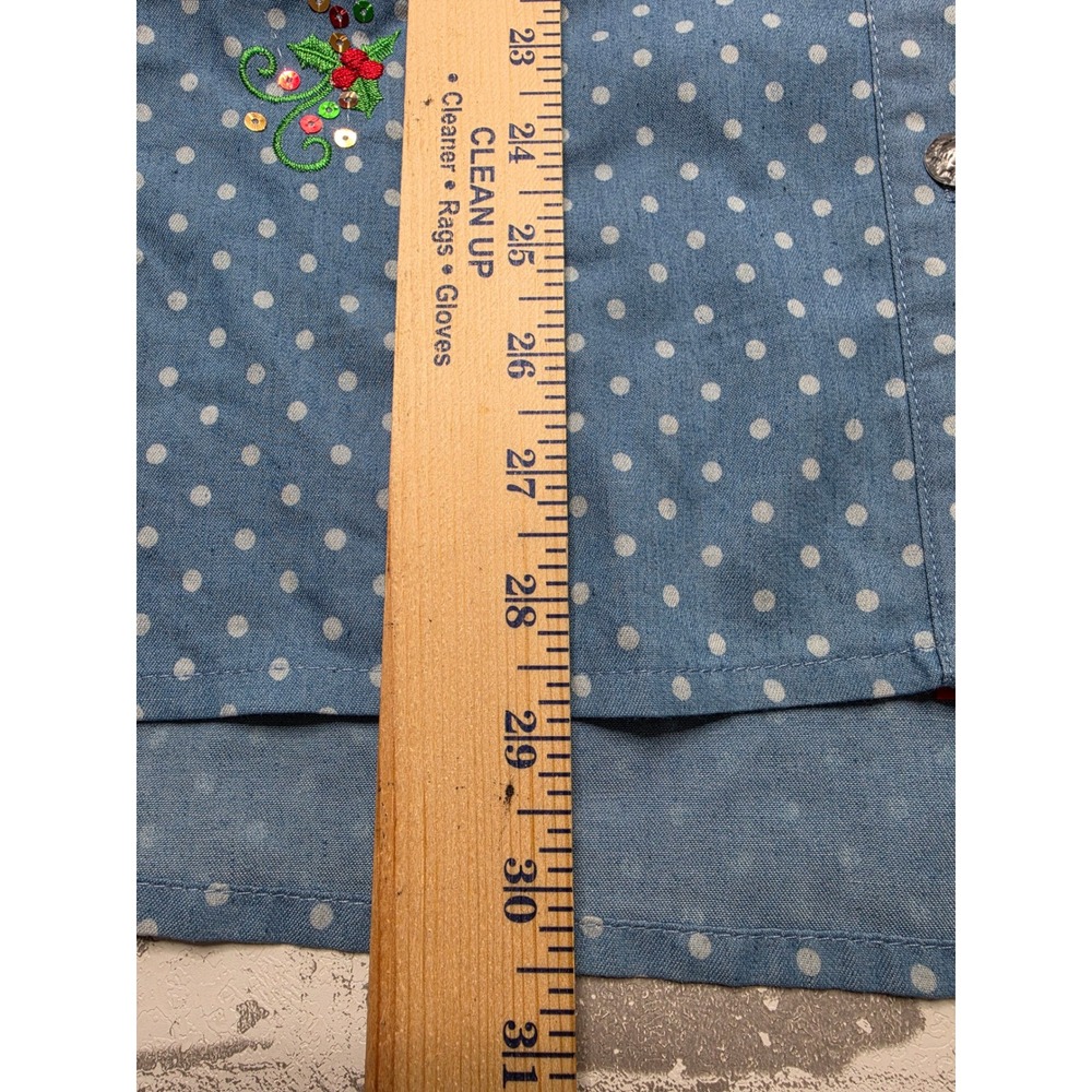 Jack B. Quick Holiday Santa Sequin Polka Dot Button Down Shirt Blue Women Large - Picture 4 of 11